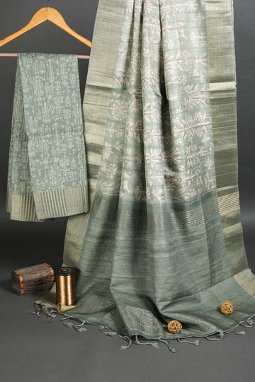 Hazy Green Nature Chapa Handloom Tussar Saree C1 Geetha Creation